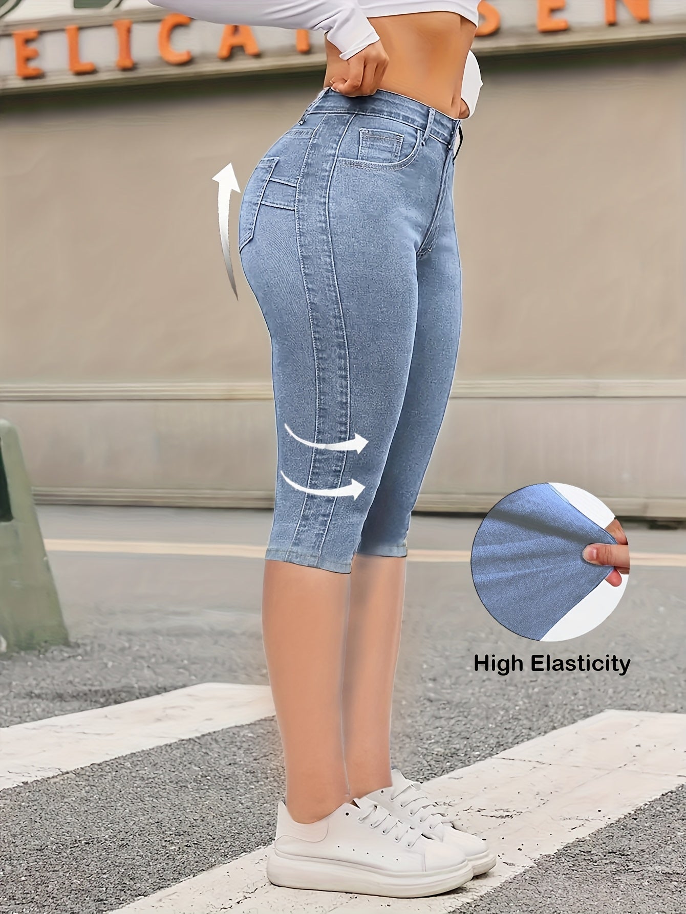 Women'S Casual High Elasticity 7-Inch Denim Shorts - Skinny Fit, Zipper Fly, Button Closure, Light Blue, Spring/Summer Fashion, Casual Wear|Skinny Fit Jeans|Zipper Fly Jeans